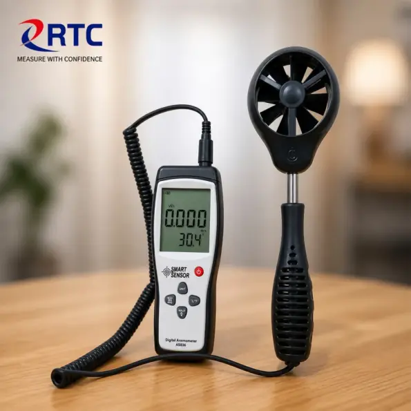 AS836 digital anemometer display showing wind speed and temperature