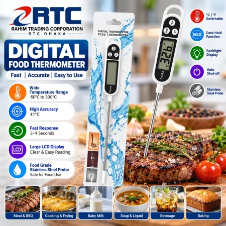 RTC digital food thermometer with stainless steel probe
