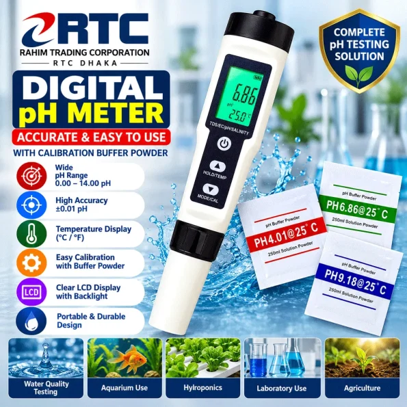 Digital pH meter with calibration buffer powder for water testing