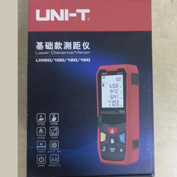 UNI-T LM-100 laser distance meter kit showing device, pouch, manual and AAA batteries for precise 100m measurement