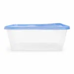 Rectangular transparent plastic food storage container with blue lid placed on a surface