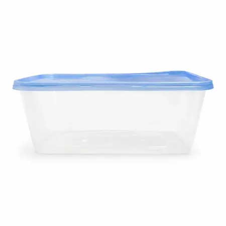 Rectangular transparent plastic food storage container with blue lid placed on a surface