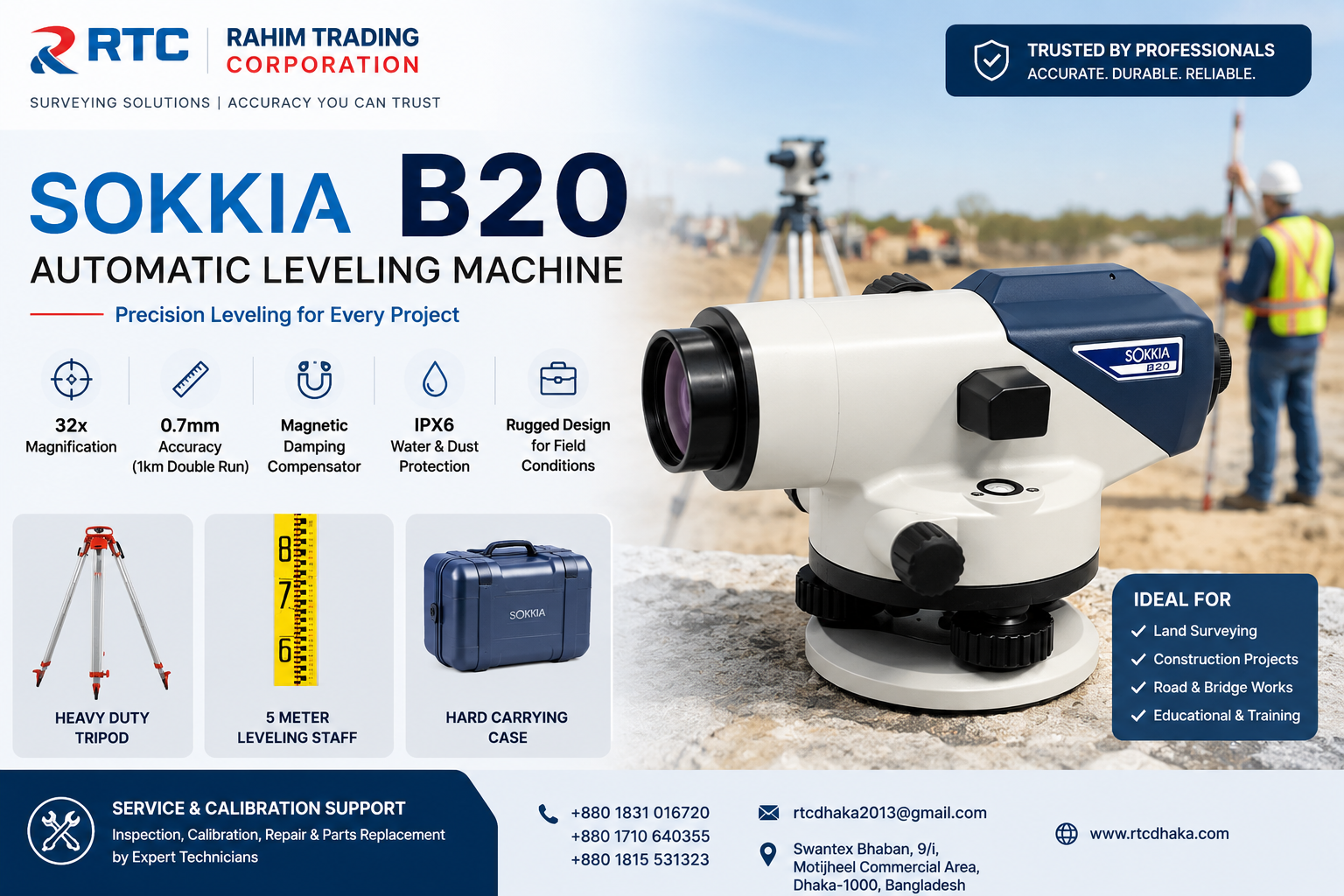 Sokkia B20 Automatic Leveling Machine with tripod and leveling staff for land surveying in Bangladesh