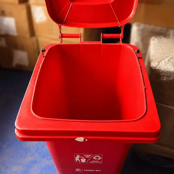 240 Liter Red Plastic Wheelie Bin Side View with Wheels