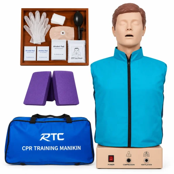 Human electric CPR training manikin with CPR training accessories