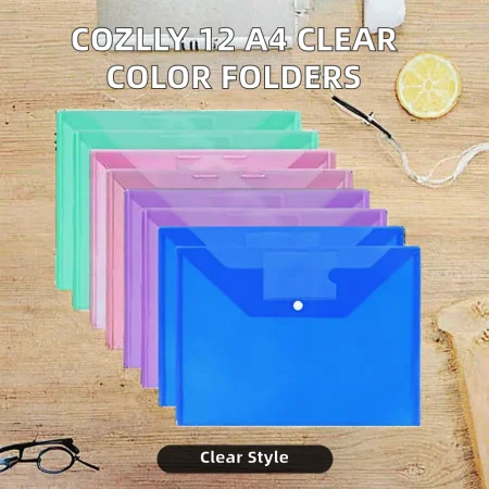 Cozlly 12 Pieces A4 Plastic Transparent Document Bags & Folders 6 Colors Button Reusable for Home Office School