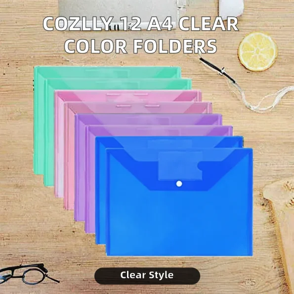 Cozlly 12 Pieces A4 Plastic Transparent Document Bags & Folders 6 Colors Button Reusable for Home Office School