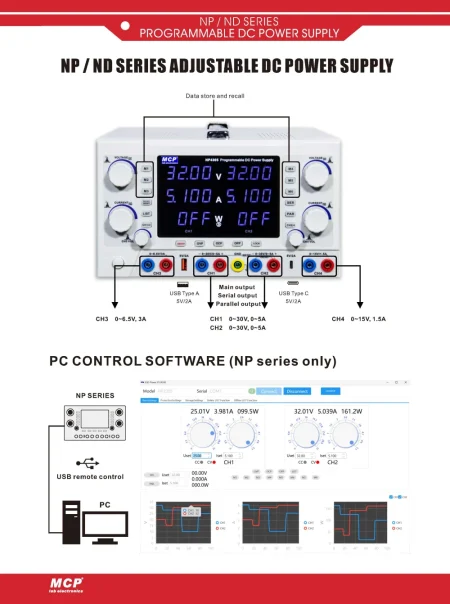 MCP NP4305 MULTI OUTPUT PROGRAMMABLE LABORATORY ADJUSTABLE DC POWER SUPPLY 30V3A 30V5A