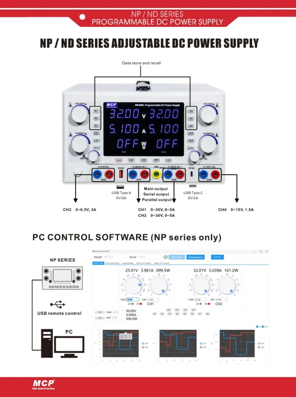 MCP NP4305 MULTI OUTPUT PROGRAMMABLE LABORATORY ADJUSTABLE DC POWER SUPPLY 30V3A 30V5A